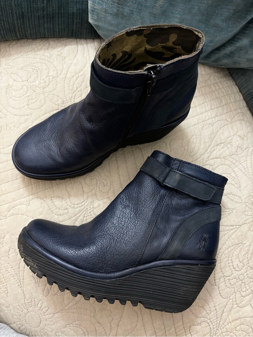 Fly London Yado blue leather wedge boot